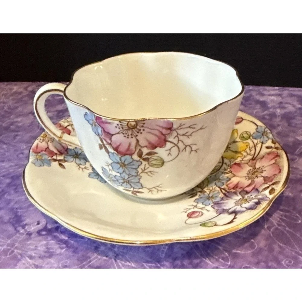 Taylor Kent Longton England Colorful Floral Gold Trim‎ Teacup Saucer Bone China